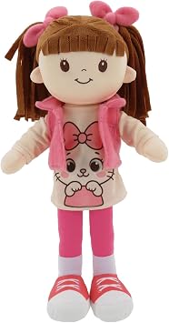 Linzy 15" Little Sweet Hearts Molly Doll, My First Doll Plush Rag Doll for Girls - Soft Baby Doll with Braided Pigtails & Bows, Washable Sensory Cloth Baby Doll, Stuffed Babys First Doll for Toddlers