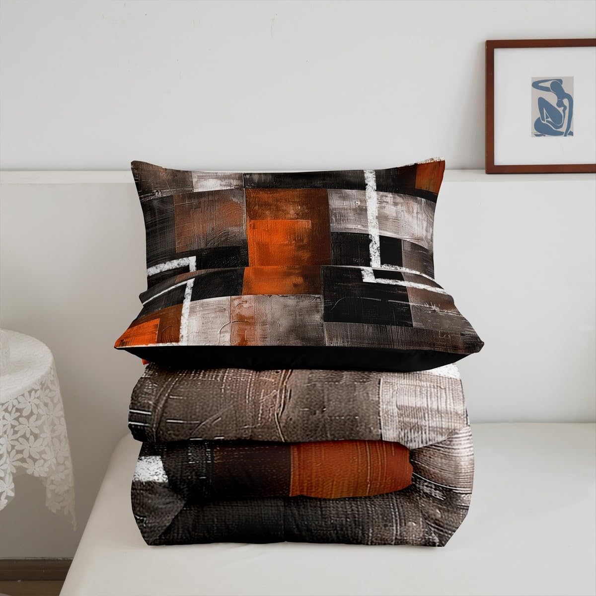 Erosebridal Burnt Orange Comforter Abstract Oil Painting Queen Size Bedding Set Modern Geometric Watercolor Patchwork Comforter Set for Teen Adults,Abstract Graffiti Art Quilt - Image 6