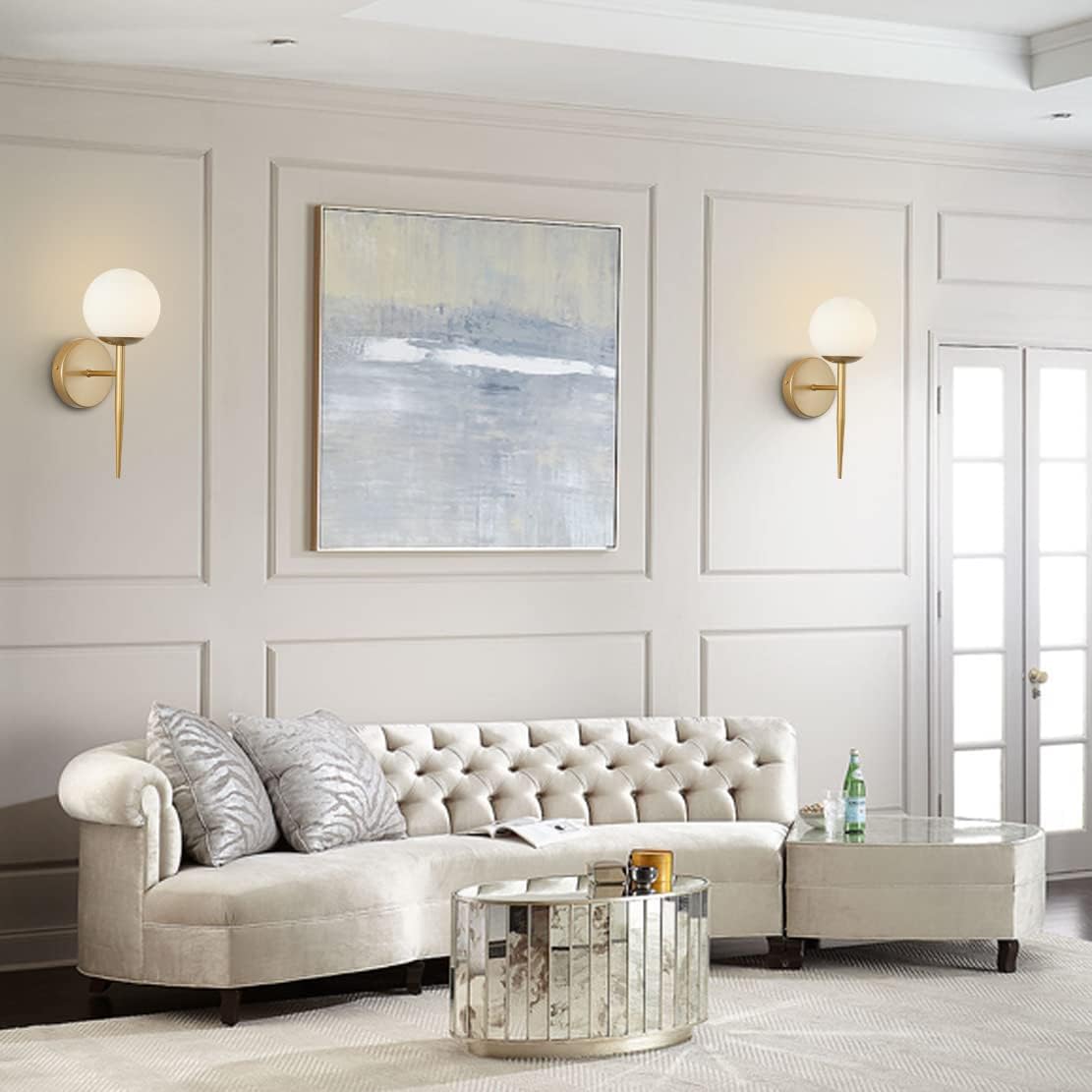 BOKT Mid Century Modern Globe Wall Sconce Set of Two Brushed Brass Bathroom Wall Sconce Light Set of 2 Frosted White Glass Gold Wall Lamp 2-Pack Bedroom Wall Lights (White)