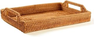 I-lan Large Handcrafted Rattan Serving Tray - Wicker Rectangle Trays with Handles, Rattan Decor Tray Organizer, Serving Baskets for Bread, Coffee, Breakfast, Dish 14.6" x 10.6" x 2" Nature Brown