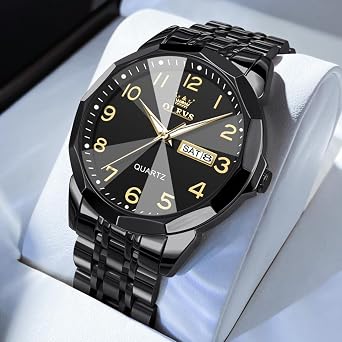 OLEVS Watches for Men Stainless Steel Analog Quartz Waterproof Luminous Luxury Dress Date Diamond Business Casual Mens Wrist Watch(Gold/Blue/Black/White Dial)