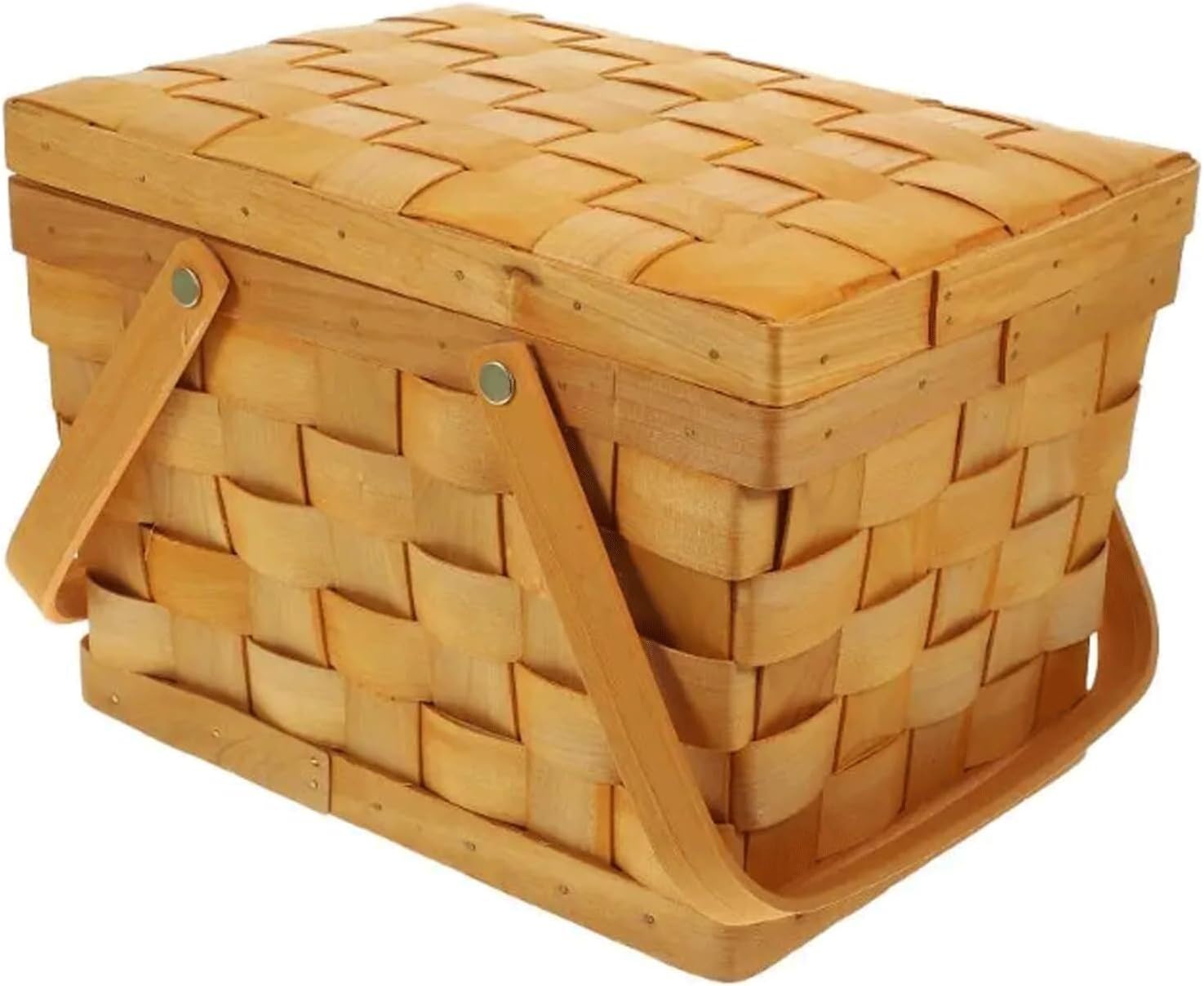 Woodchip Braided Picnic Basket with Lid & Movable Handles – Handwoven Storage Basket for Fruit, Gifts, Home Decor, and More