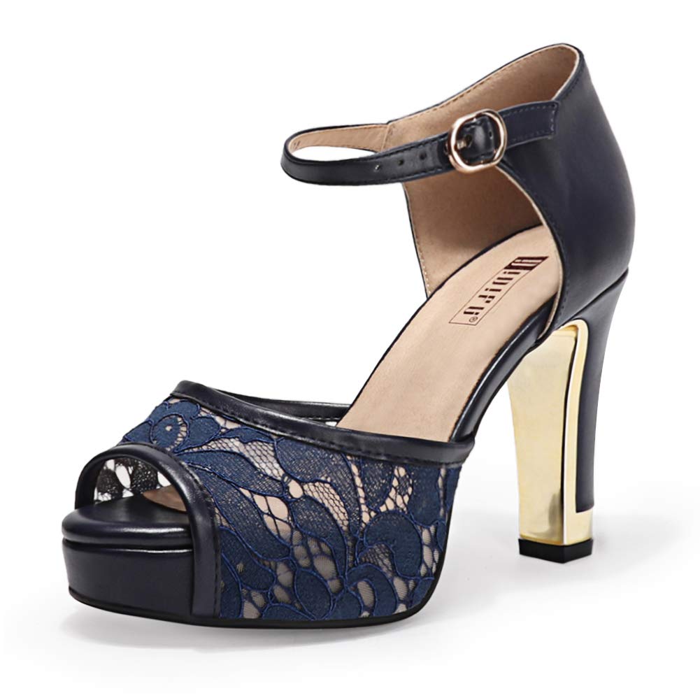 Photo 1 of IDIFU Women's IN4 Mary Platform Chunky High Heels Sandals Peep Toe Dress Wedding Bridal Shoes for Women Bride Bridesmaid (Navy Pu, 7 M US)