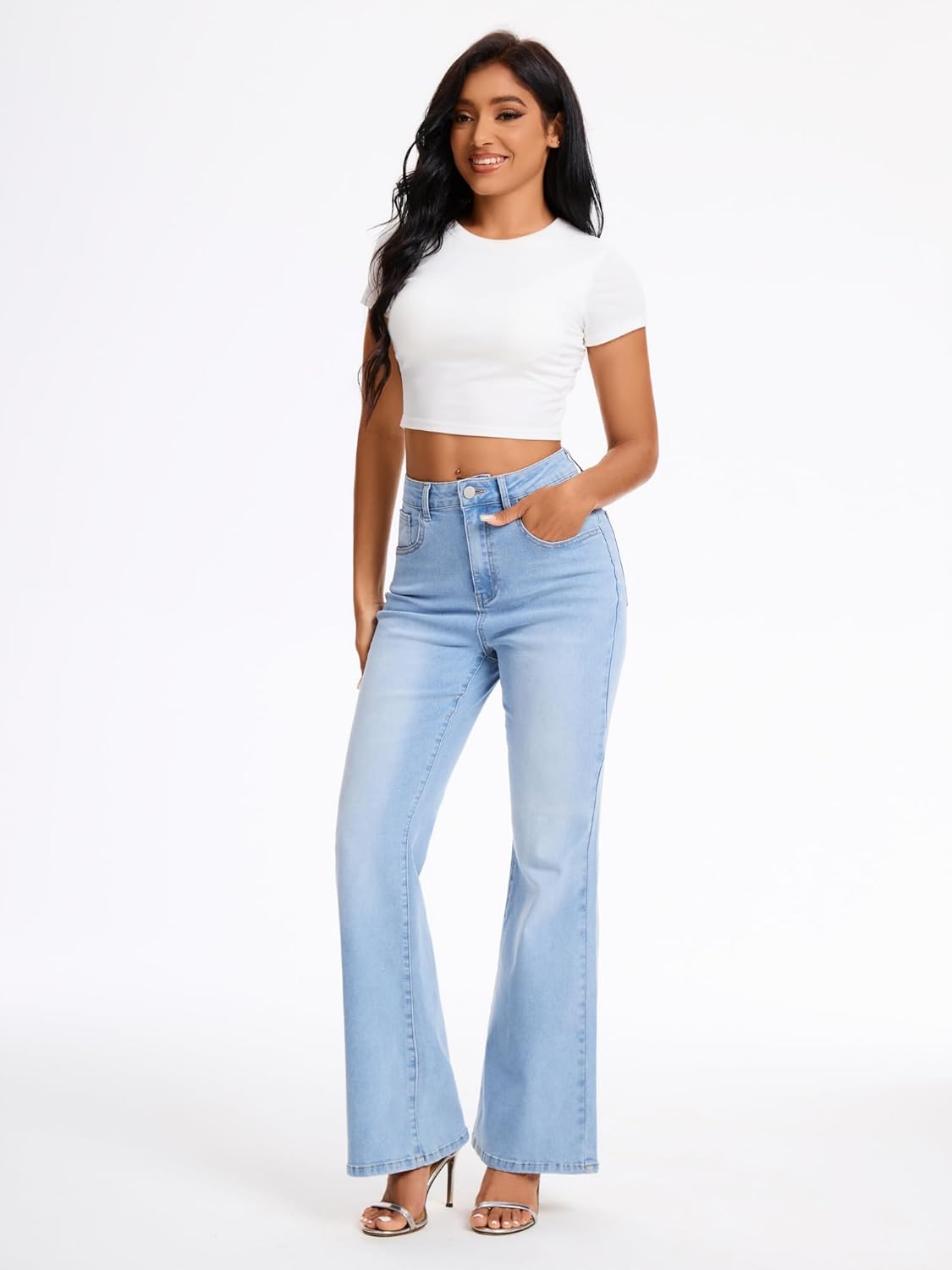 High Waist Flare Jeans for Women Stretchy Vintage Washed Bell Bottom Slim Bootcut Jeans(White,XXL) - Image 4