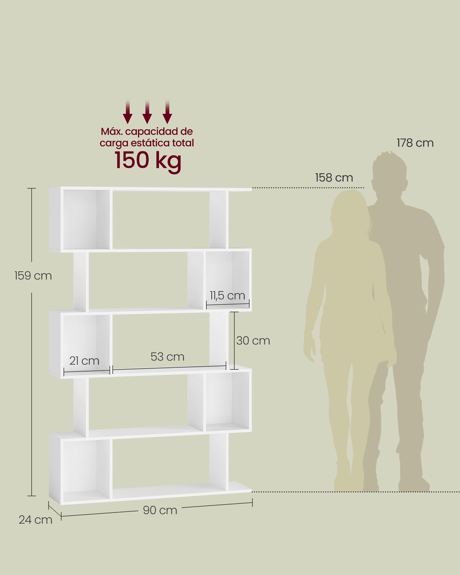 VASAGLE Custos Colección - Librería de 5 Niveles, 24 x 90 x 159 cm, Estantería de Almacenamiento, con Compartimentos Abiertos, para Sala de Estar, Dormitorio, Oficina, Blanco Nube LBC416W01