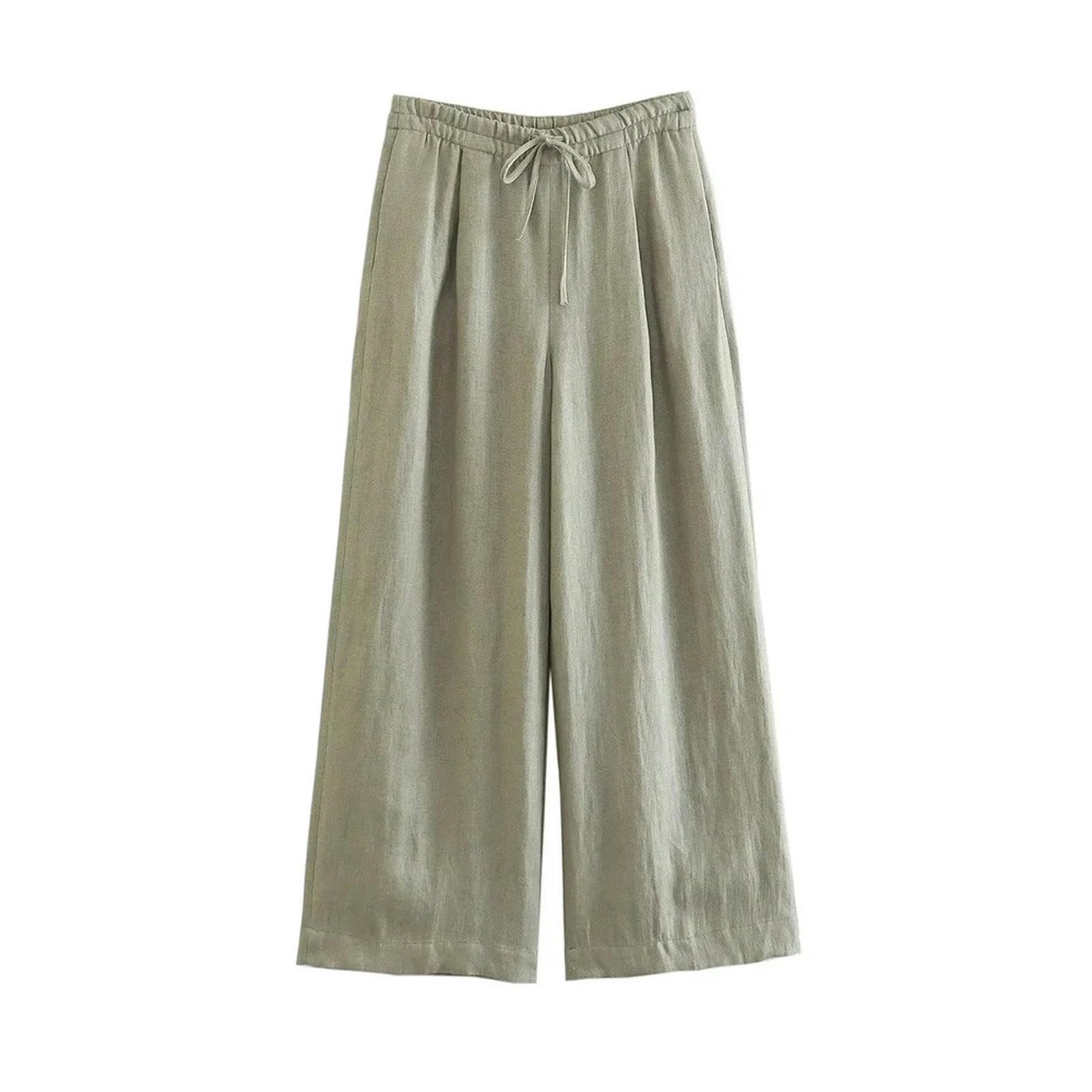 Pantalon à Jambes Larges en Lin Femme avec Taille Haute Élastique Chic