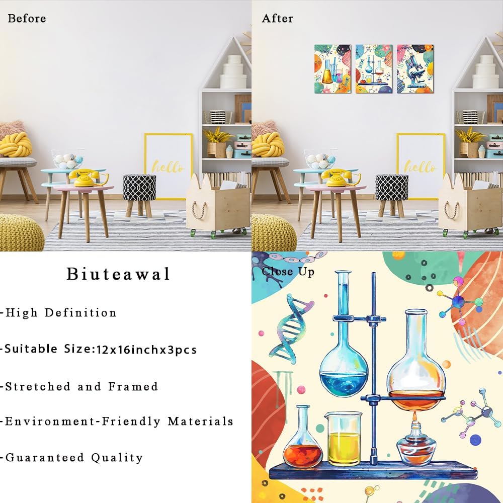 Biuteawal 3 Piece Chemistry Wall Art Science Explore Posters Picture Print for Classroom Funny Physics Painting Canvas Framed for Laboratory Lab Library Kids Room Decor