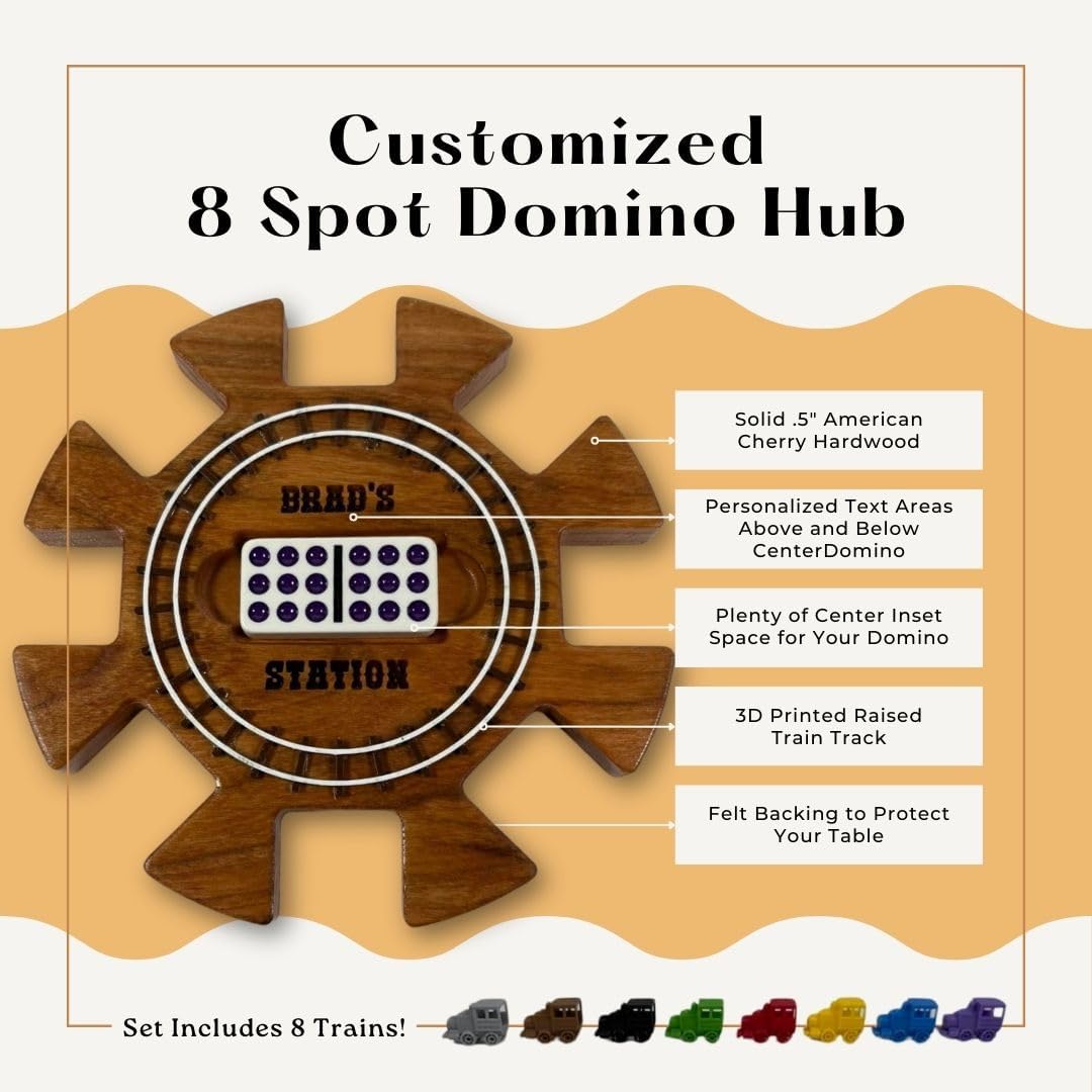 Solid Cherry 8 Player Domino Hub ~ Great for Family use with Mexican Train Domino Games! Custom Personalized Board Made to Order with Set of 8 Trains to Make Your Families Game Night Special.