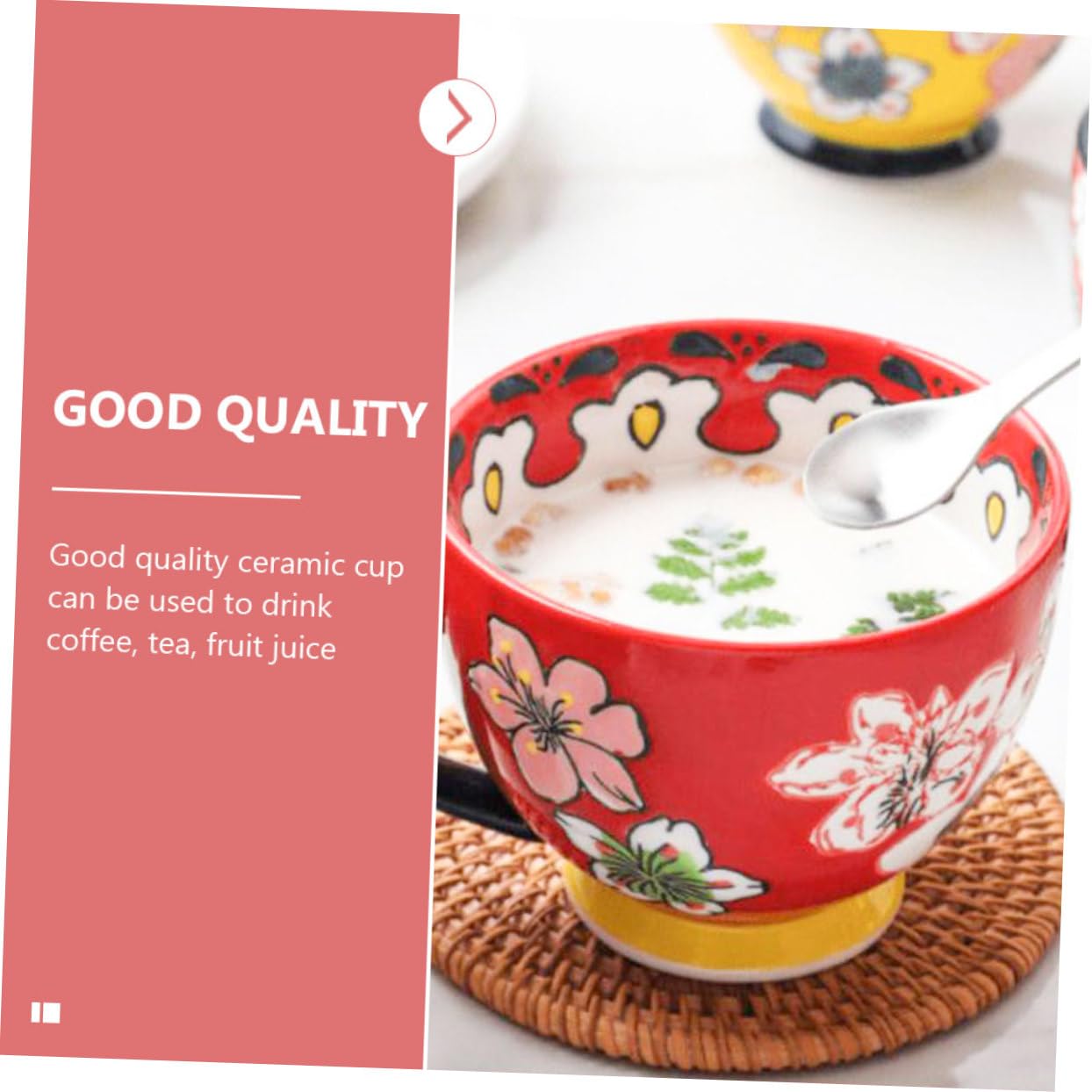 Keramik Frühstückstasse mit Prägung, Handbemalt, Rot, Einfaches Design | Glatter Rand, Bequemer Griff, Leicht zu Reinigen, für Kaffee, Tee, Müsli und Joghurt