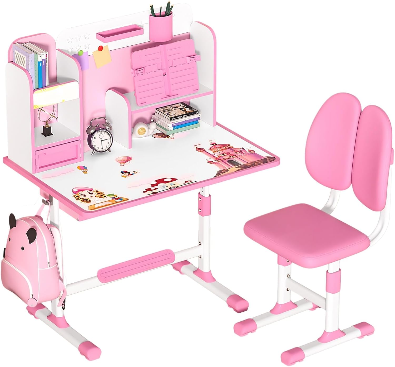 Child Table and Chair Set, Height Adjustable Kids Desk and Chair Set with Sitting Corrector, Teen Desk and Chair Sets with Book Stand, Foot Pedal, Partition Design Pink