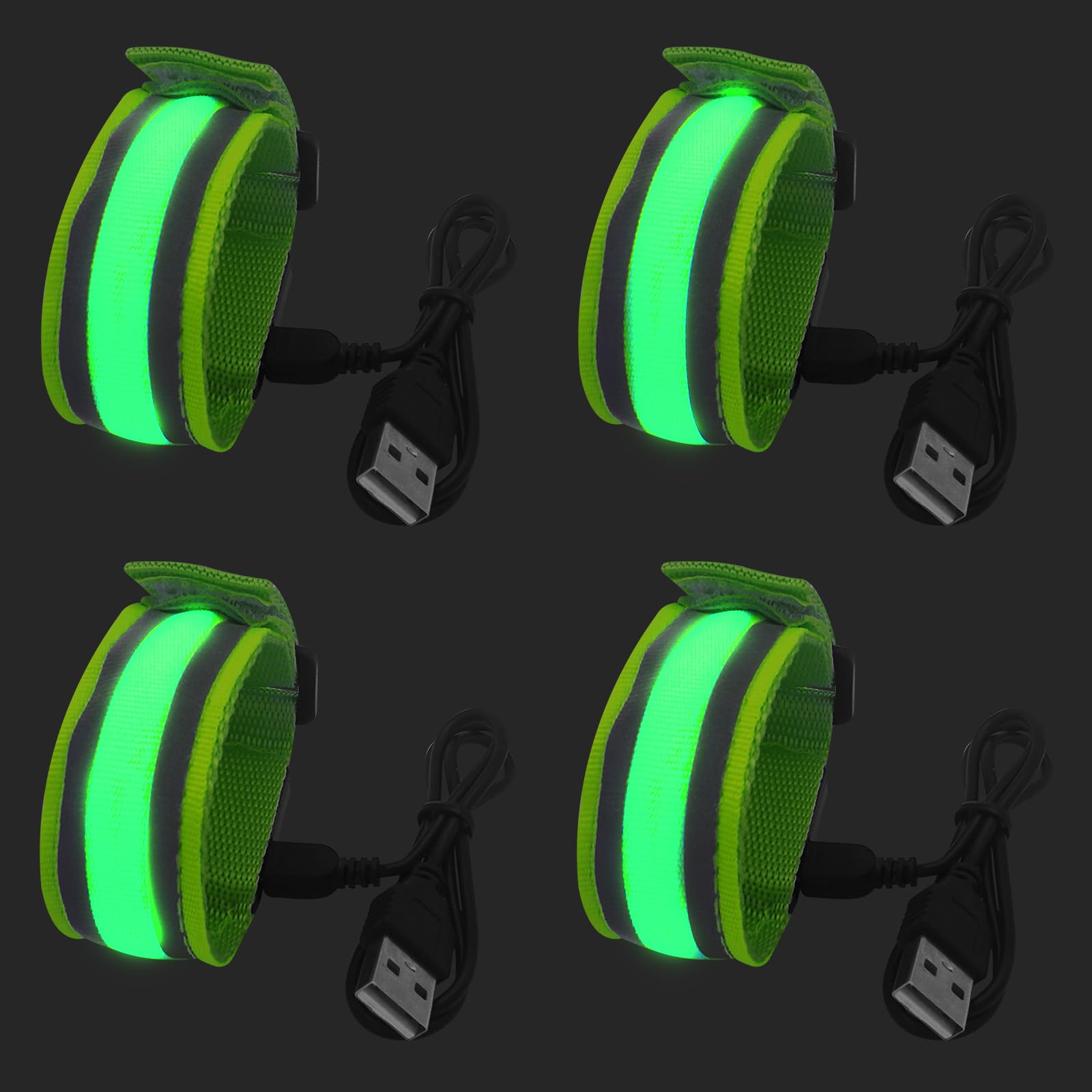 4 bracciali a LED ricaricabili: bracciali con luce USB riflettente, USB, per corsa, escursionismo, ciclismo, sport all'aria aperta, con USB, luce di sicurezza