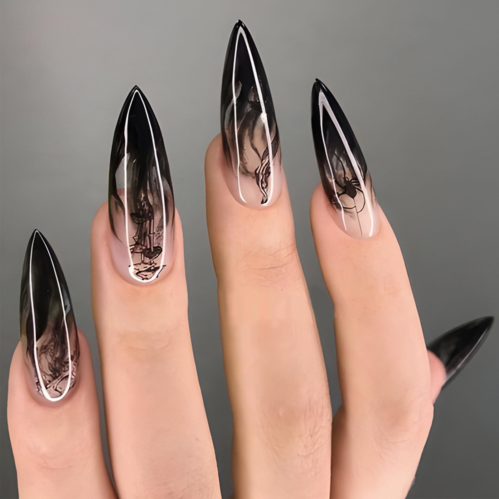 Mermaids Press on Nails Long Stiletto 24Pcs Glossy Black Gradient Acrylic False Nails French Tips Fake Nails Gel Glue on Nails for Manicure Black