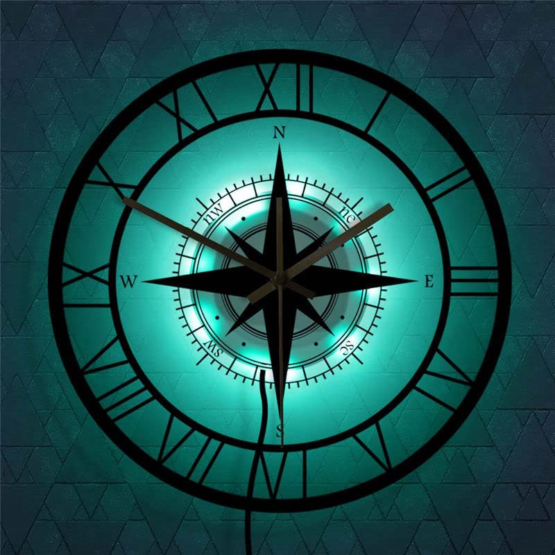 Compass Wall Clock, 7 Color Night Light Compass Decor Nautical Decoration, Unique Compass Gifts for Men Women (Light)
