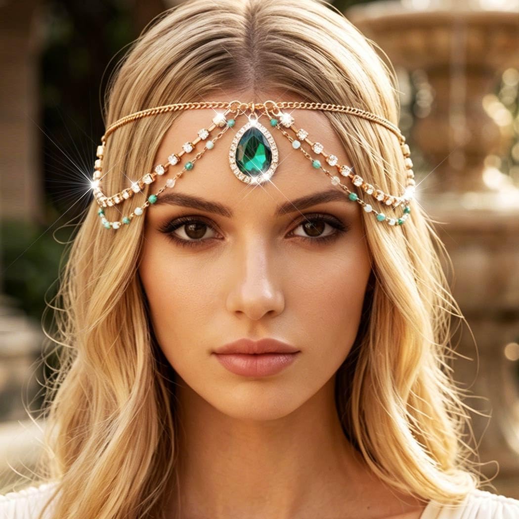 Gortin Gold Head Chain Boho Rhinestones Headpiece Hair Chain Prom Costume Forehead Head Jewelry Hair Accessories for women