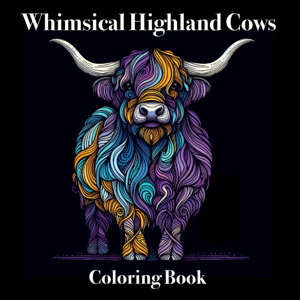 Whimsical Highland Cows - Black Background Adult Coloring Book