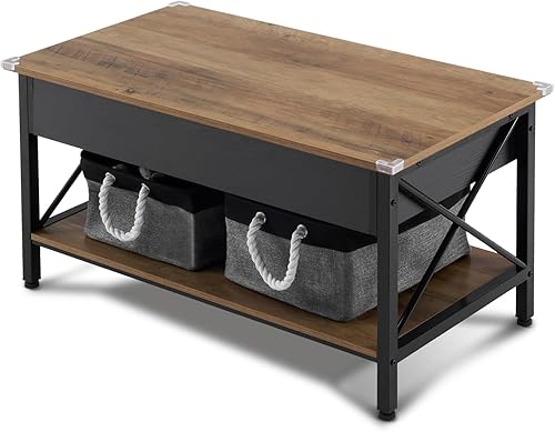 Miniatura 6 de VINGLI Mesa de centro elevable de 36" con contenedores de almacenamiento de tela gratis, mesas de centro negras rústicas de granja para sala de