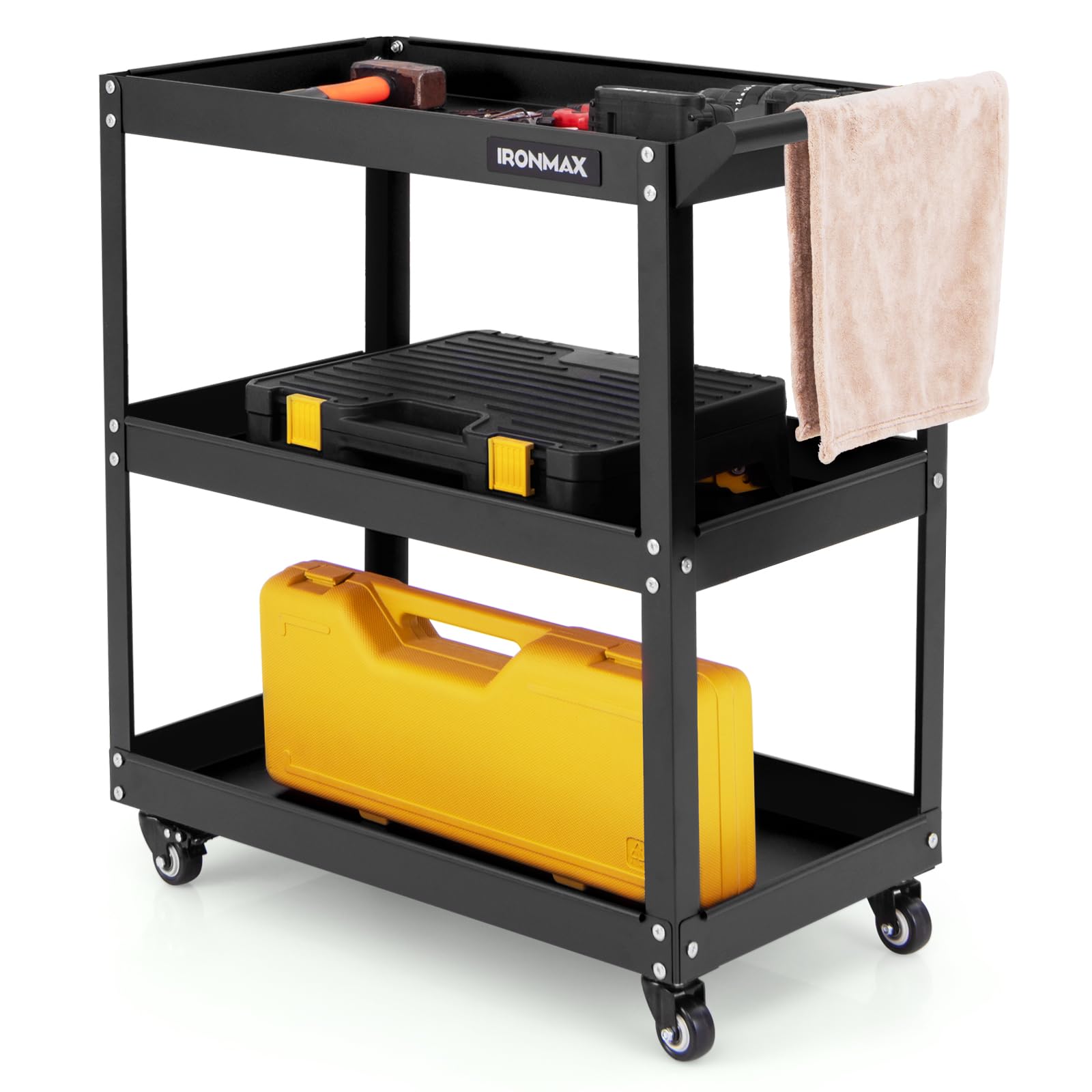 COSTWAY Carrello Portautensili a 3 Livelli, Carrello Metallico Resistente con 3 Ripiani, 4 Ruote Universali con 2 Freni, per Garage, Casa, Magazzino, 73 x 36 x 75 cm (Nero)
