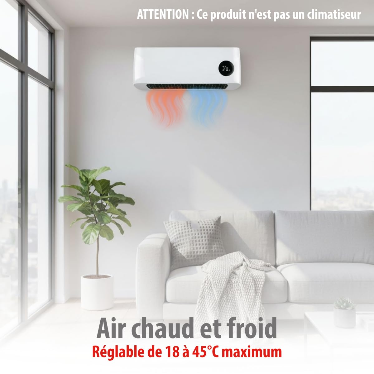 alpina Termoventilatore da parete 2000 W, in ceramica, con 2 livelli di potenza e timer, termostato digitale