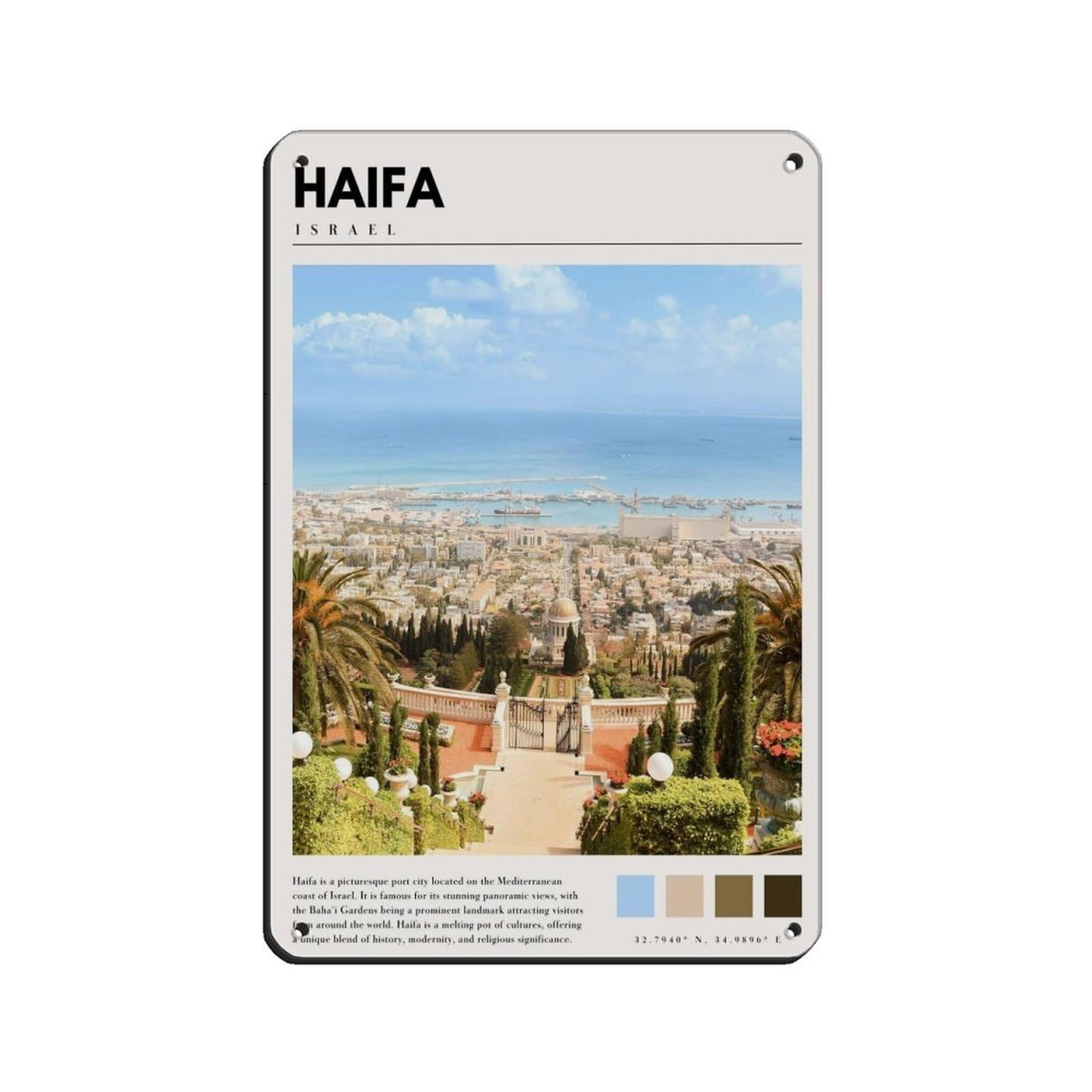 Haifa Israel Poster Israel Art Retro Poster Metal Tin Sign Chic Art Retro Iron Painting Bar People Cave Cafe Family Garage Poster Wall Decoration 8x12inch(20x30cm)