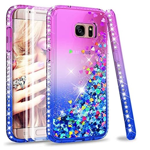 LeYi Fodral för Galaxy S7 Edge Case Skal med PET-Skärmskydd [2-pack],Flicka kvinnor 3D Glitter Vätska söt Personlig Transparent SilikonGel TPU stötsäker telefonskal för Samsung S7 Edge Lila Blå