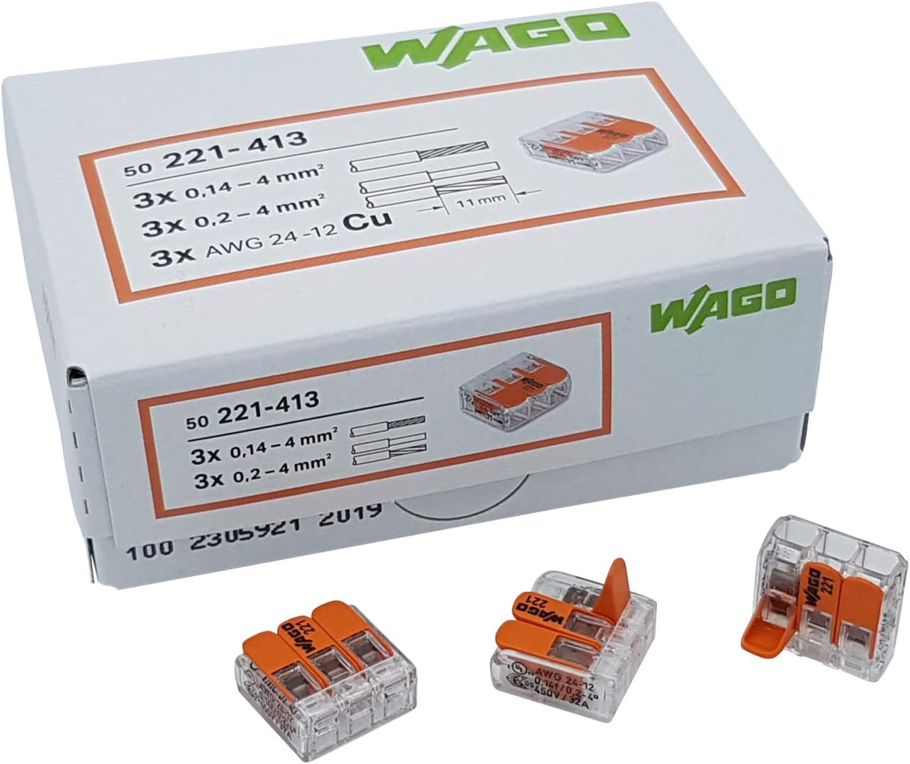 Plug-in terminal 3-way with lever for rigid (0.2-4 mm²) and flexible (0.14-4 mm²) wires to open again, transparent/orange, contents: 50 pieces