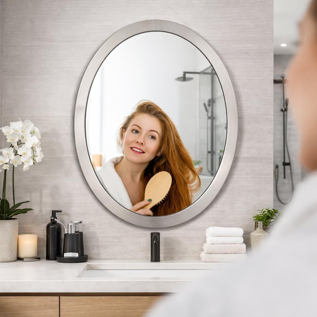 Head West Brushed Nickel Oval Mirror 23" x 29" with Beveled Edge – Stainless Steel Framed Bathroom Mirror for Over-the-Sink, Bedroom, Entryway, Living Room & Hallway