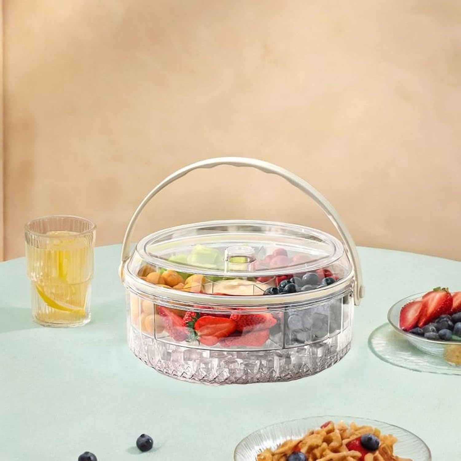 Servierplatte für Trockenfrüchte mit Deckel und Griff, Geteilte Snack-Schale für Partys, Kekse und Süßigkeiten, ideal als Häppchen-Schale