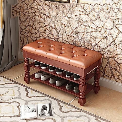 Banc à chaussures en bois massif avec coussin cuir de 60 cm