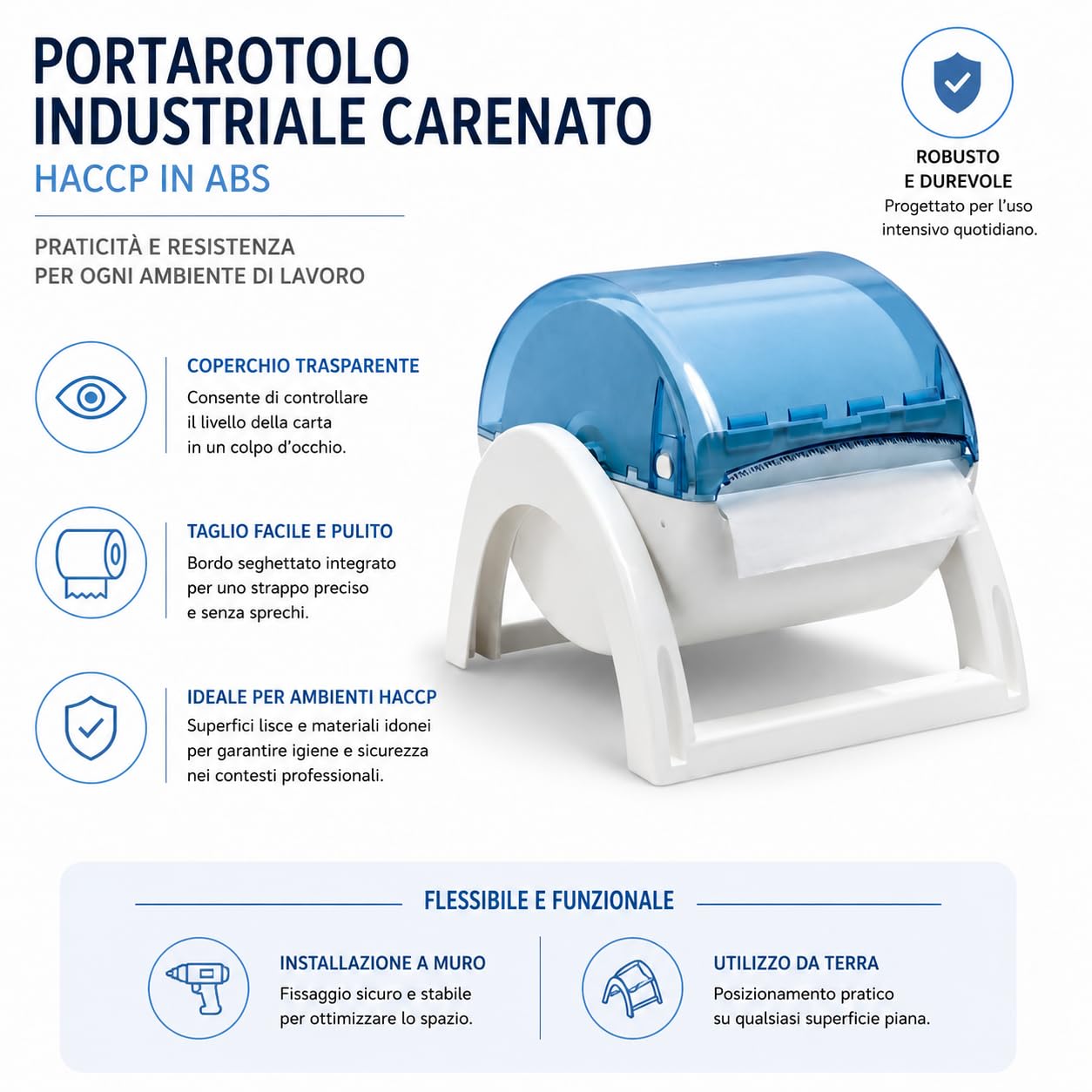 Portarotolo Industriale Carenato HACCP in ABS, Da Terra o da Muro