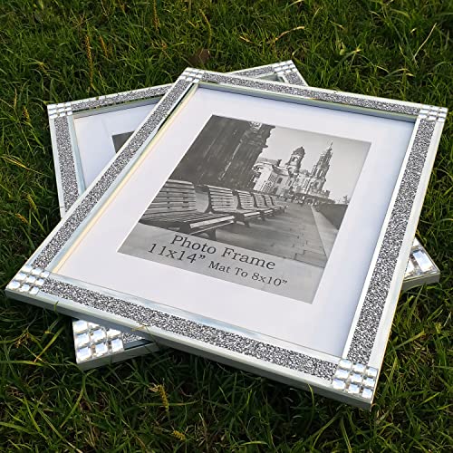 Meetart Sparkle Crystal Silver Glitter Mirror Glass Photo Frame 11X14 Inch Mate To 8X10 Inch 2 Piece Pack #TOP3