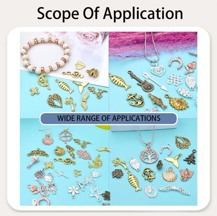 Image of Zibuyu 100Pcs Mixed Charms for Jewelry Making, Vintage Metal Pendants | with Lobster Clasps, DIY Bracelet & Jewellery Making Materials Kit with Charms, for Necklaces, Earrings, Keychains (7 Colors)