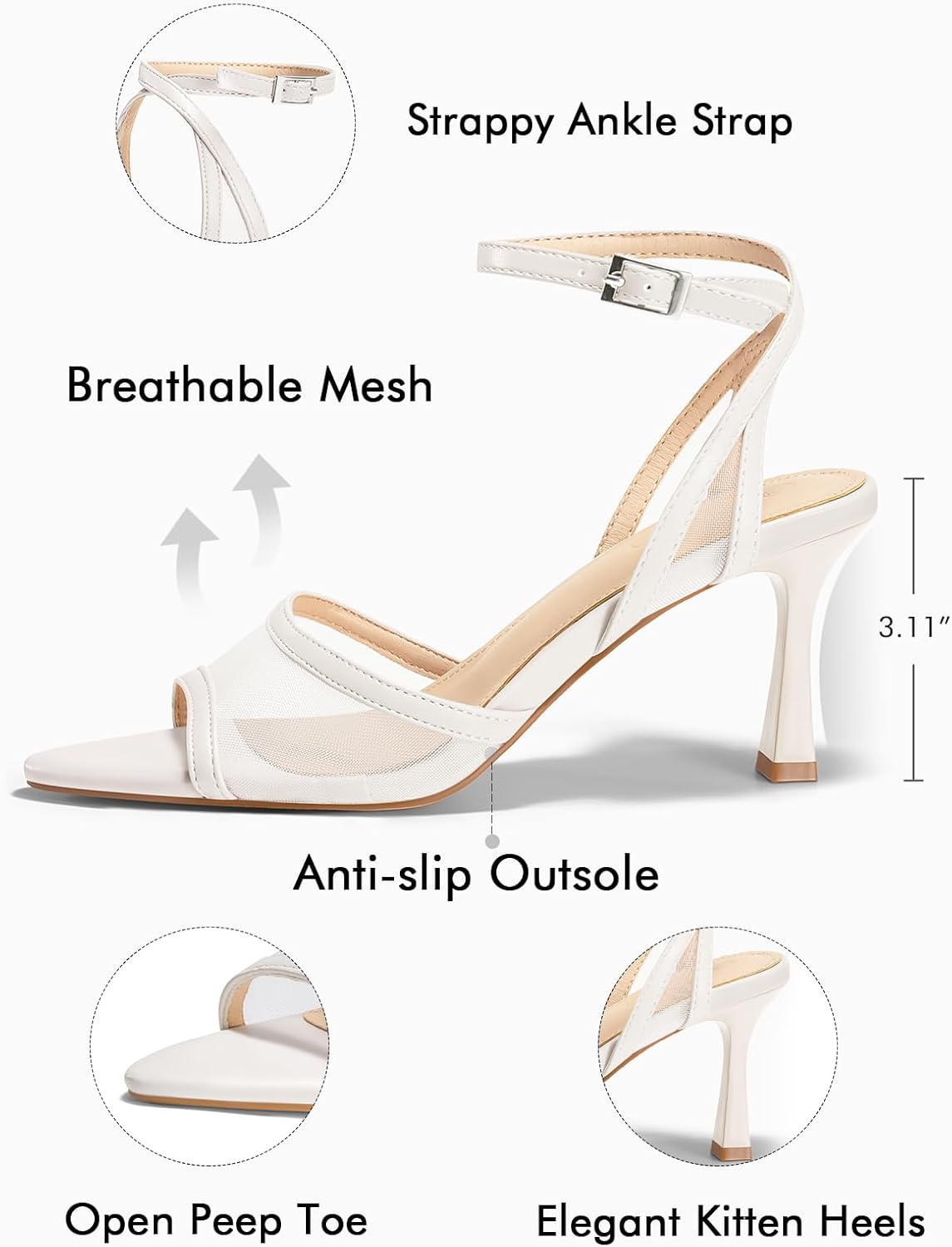 Coutgo Womens Kitten Heels Sandals Pointed Open Toe Ankle Buckle Strap Summer Dress Shoes - Image 4