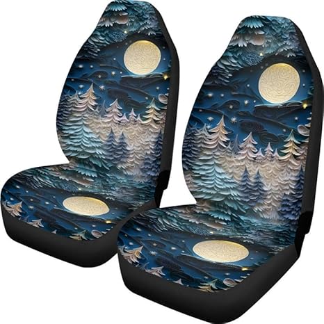 Paper Sculpture Forest Universal Fit Car Seat Cover Cartoon Tree Moon Print Auto Seat Covers Front Seats Washable Automotive Seat Covers for SUV, Sedan, Van