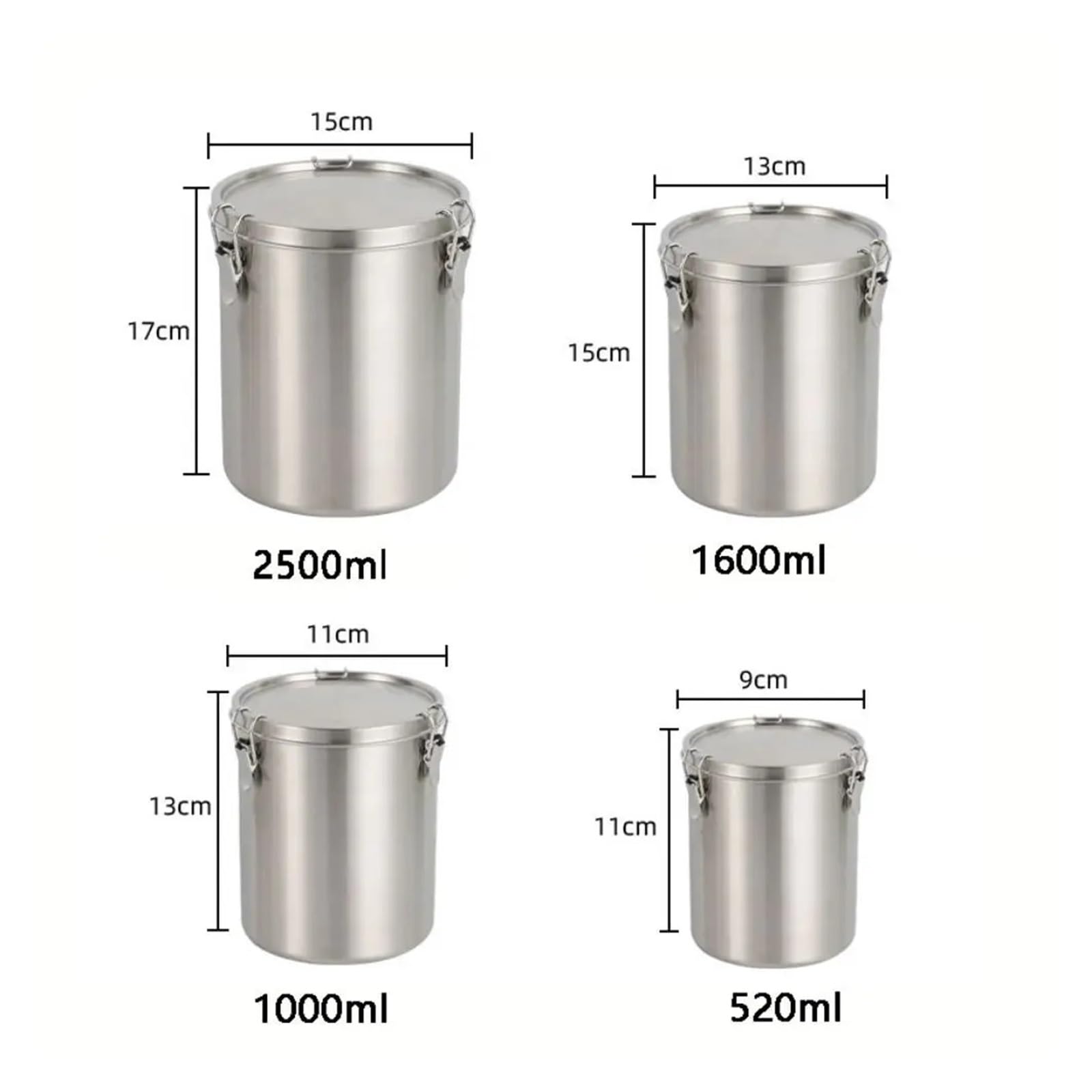 Aufbewahrungsbehälter aus 304 Edelstahl, 520/1000/1600/2500ml | Auslaufsichere Getreidebox, luftdichter Behälter mit Skala, silber, 1pc(1600ml)