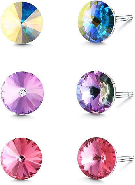 HERMOSO 3 Pairs 925 Sterling silver 6mm Round Crystal Stud Earrings for girls kids womens, Made with Swarovski Crystal Lovely Simple Earrings Jewellery Gift