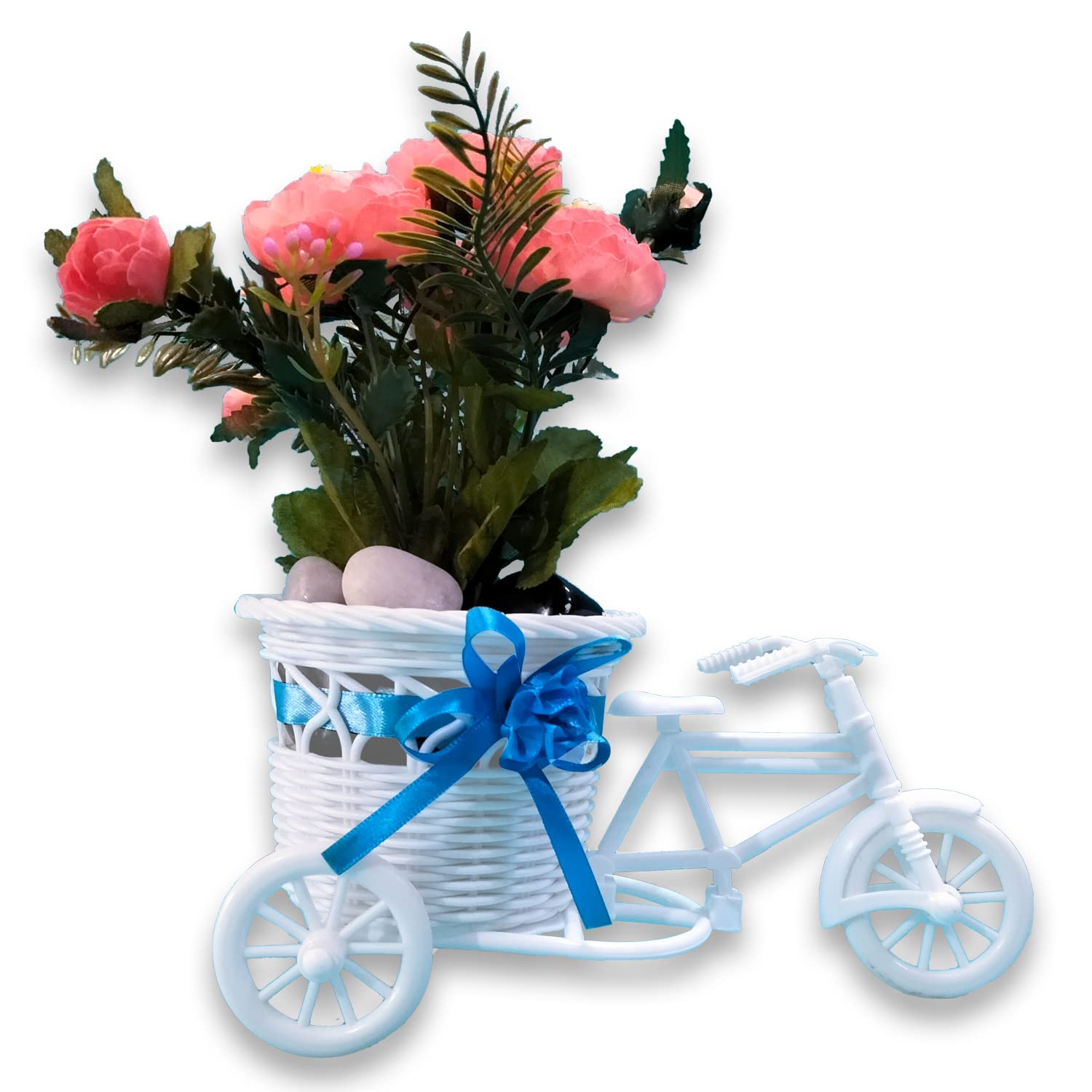 CAAJIB Decor Imported Artificial Baby Pink 3D Flower in Plastic Cycle with Beautiful Black and White Stones Perfect for Gifting, Decorating Home & Office Bedroom, Living Room