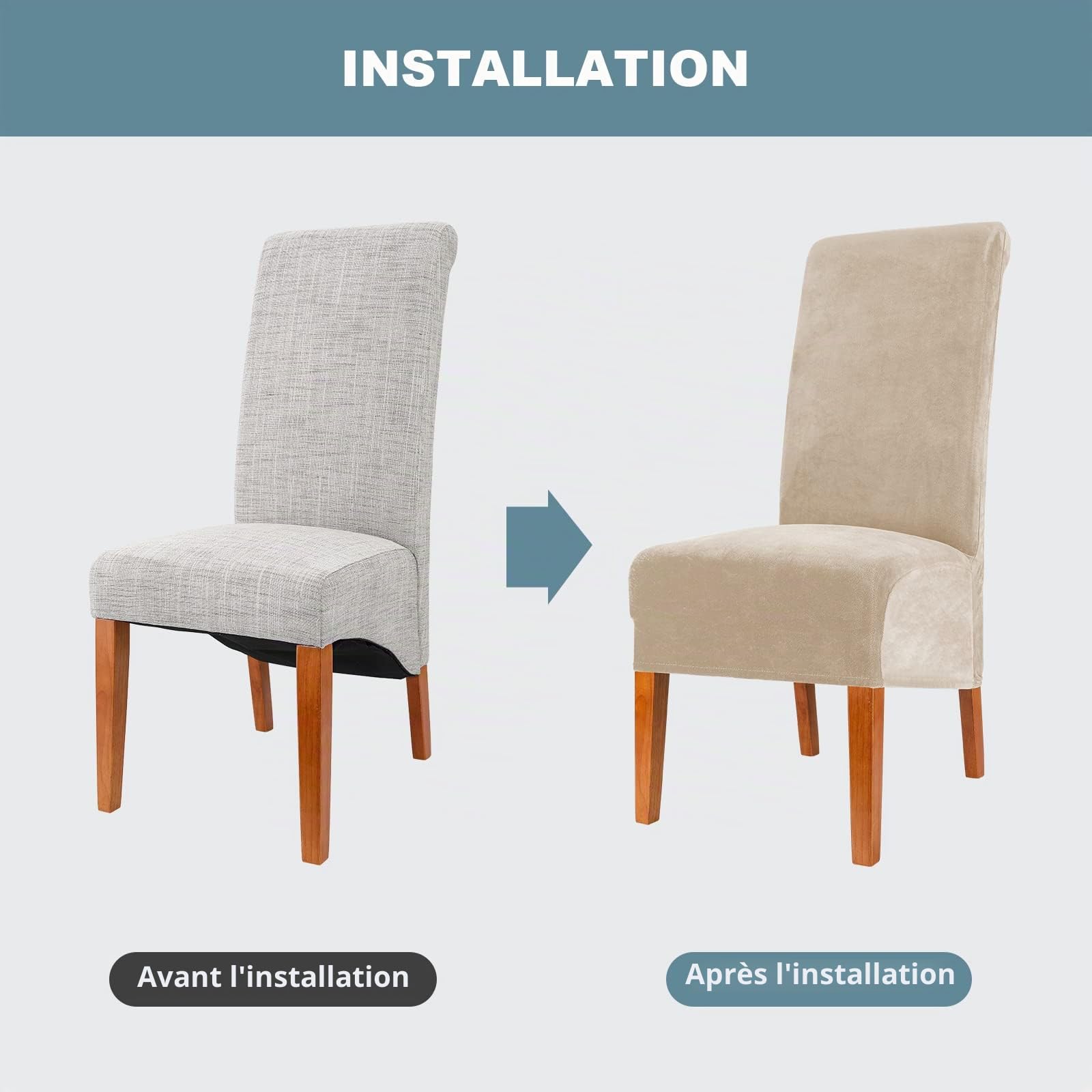 CMAKER Lot de 6 housses de chaise de salle à manger en velours extensible avec dossier haut en élasthanne élastique lavable amovible XL Beige