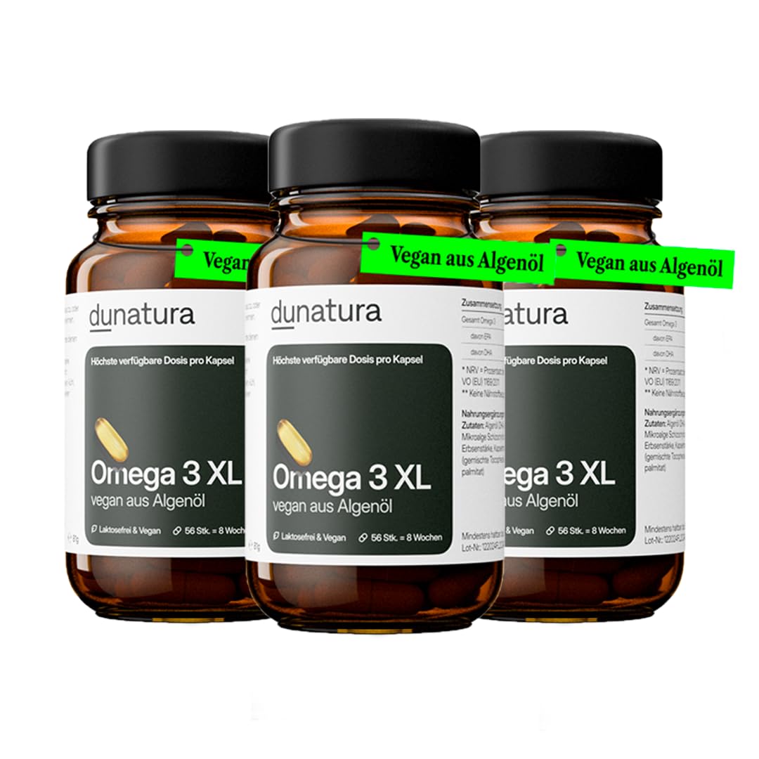 Omega 3 Kapseln - 3 Flaschen - 168 Kapseln - EPA & DHA aus Algenöl | EPA & DHA aus Algenöl; vegan; Glasflasche; laborgeprüft; ohne unnötige Zusatzstoffe