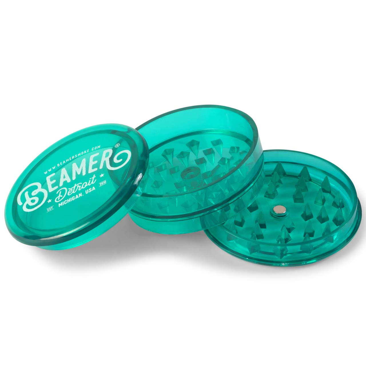 Beamer Detroit Logo 3-Piece 63mm Acrylic Grinder - Transparent Green Color + Beamer Smoke Sticker