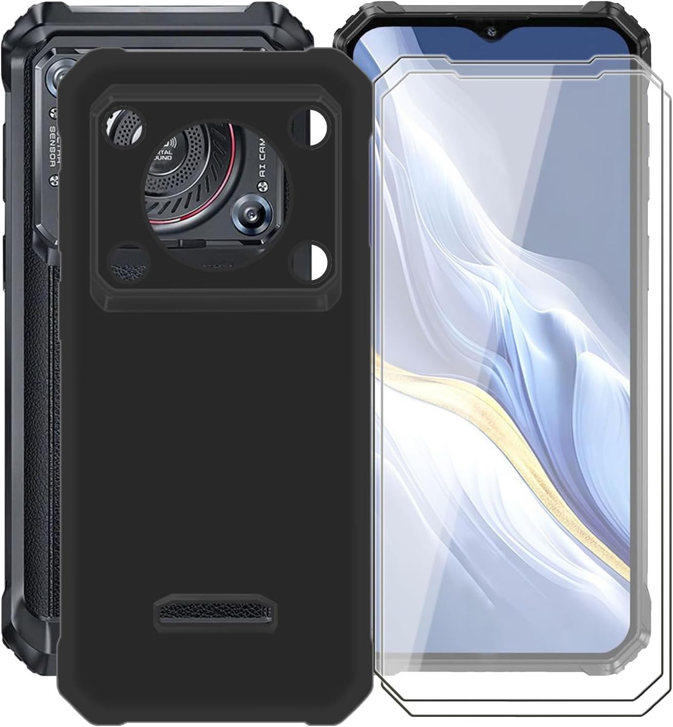 for Oukitel WP36 Case, with [ 2 x Screen Protector Tempered Glass Film], Black Soft Silicone Cover Shockproof Bumper Protection Case for Oukitel WP36 (6.52") - Black