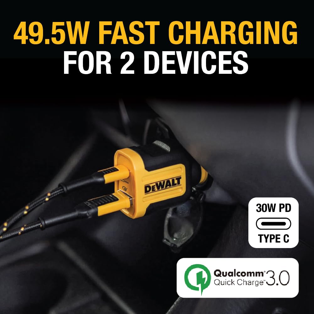DEWALT Heavy Duty USB + USB C Car Charger Adapter, 49.5W Cigarette Lighter USBA Charger, PD Car Charging Adapter PPS 30W Quick Charge 3.0 Fast Charging for iPhone 16/15 Pro Max, Samsung Galaxy, Pixel