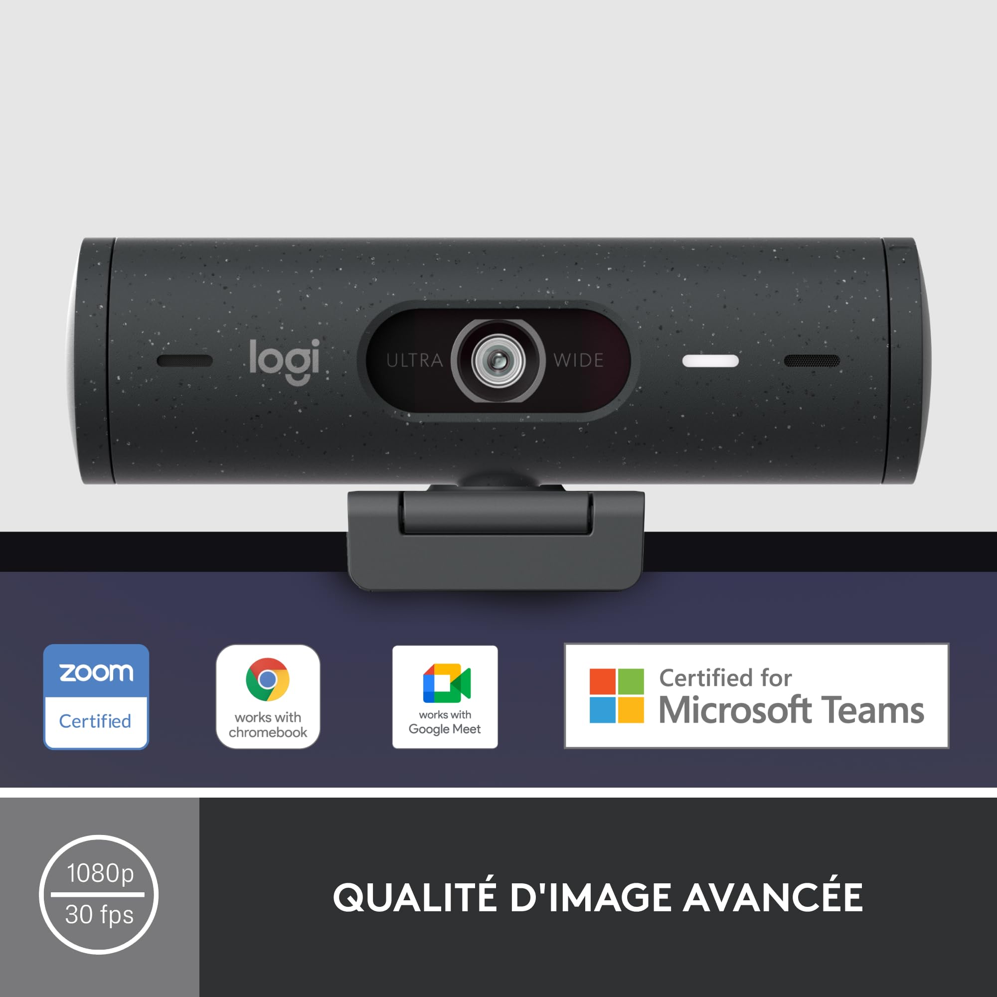 Logitech Brio 500 Webcam Streaming HD avec Expo Auto, Mode ’Show’, Deux Micros à Réduction de Bruit, Clapet Confidentiel, Compatible Microsoft Teams, Google Meet, Zoom, Câble USB-C - Graphite