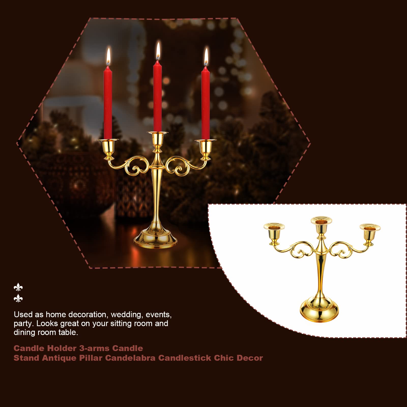 Coolty Bougeoir Vintage 3 Branches Doré - Décoration Pour Dîner, Mariage Et Fêtes