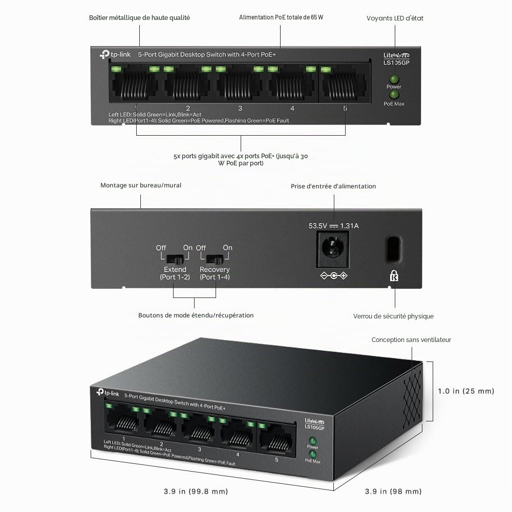 LiteWave LS105GP Commutateur non géré Gigabit Ethernet (10/100/1000) Alimentation via Ethernet (PoE) Noir
