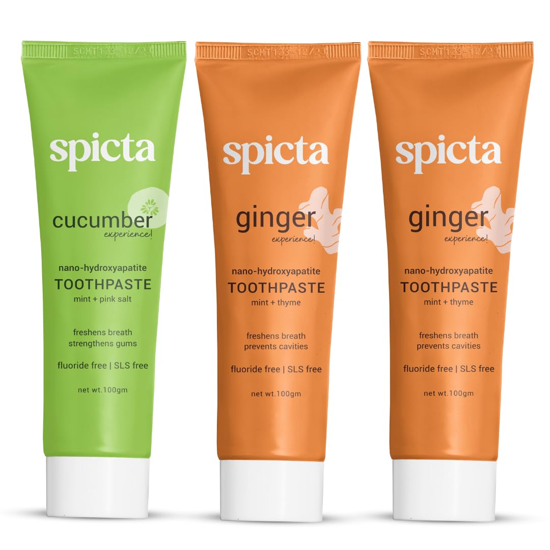 Spicta Cucumber Mint & Ginger Mint Natural Hydroxyapatite Toothpaste | Teeth Whitening, Removes Bad Breath, Tartar, Plaque I Herbal, Fluoride Free, SLS Free Toothpaste for Adults & Kids | Pack of 3