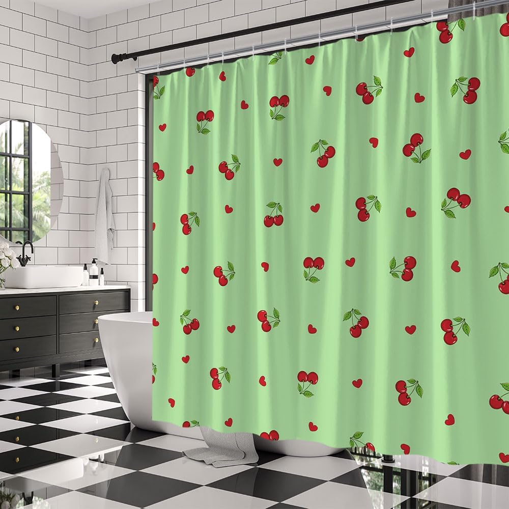 Red Cherry Shower Curtain Cute Fruit Green Leaves Love Heart Cartoon Fruit Aesthetic Teens Girls Woman Fabric Bathroom Decor Curtains with Hooks,70 x 80