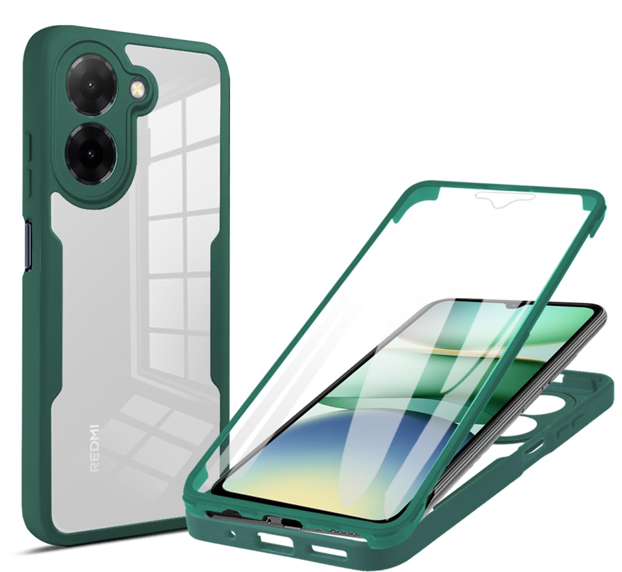 Cover Trasparente Antiurto Per Xiaomi Poco M7 Pro 5G - Protezione 360° Con Display Incorporato, Custodia Ibrida TPU + PC, Verde, Ricarica Wireless Compatibile - 5