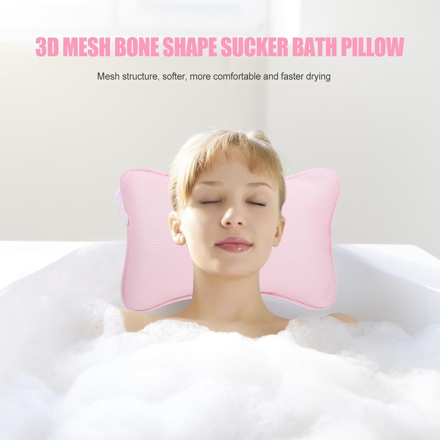 NOLITOY 3D Mesh Bath Tub Pillow with Suction Cups, Pink Neck and Head Support Cushion for Spa and Soaking Bathing Accessories