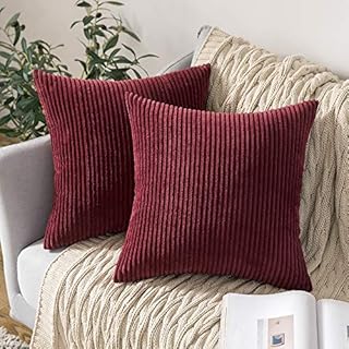 MIULEE Set of 2 Striped Corduroy Square Throw Pillow Case Soft Cushion Cover Sham Home for Sofa Chair Couch/Bedroom Decorative Fluffy Large Pillowcases 18x18 Inch 45x45cm Burgundy