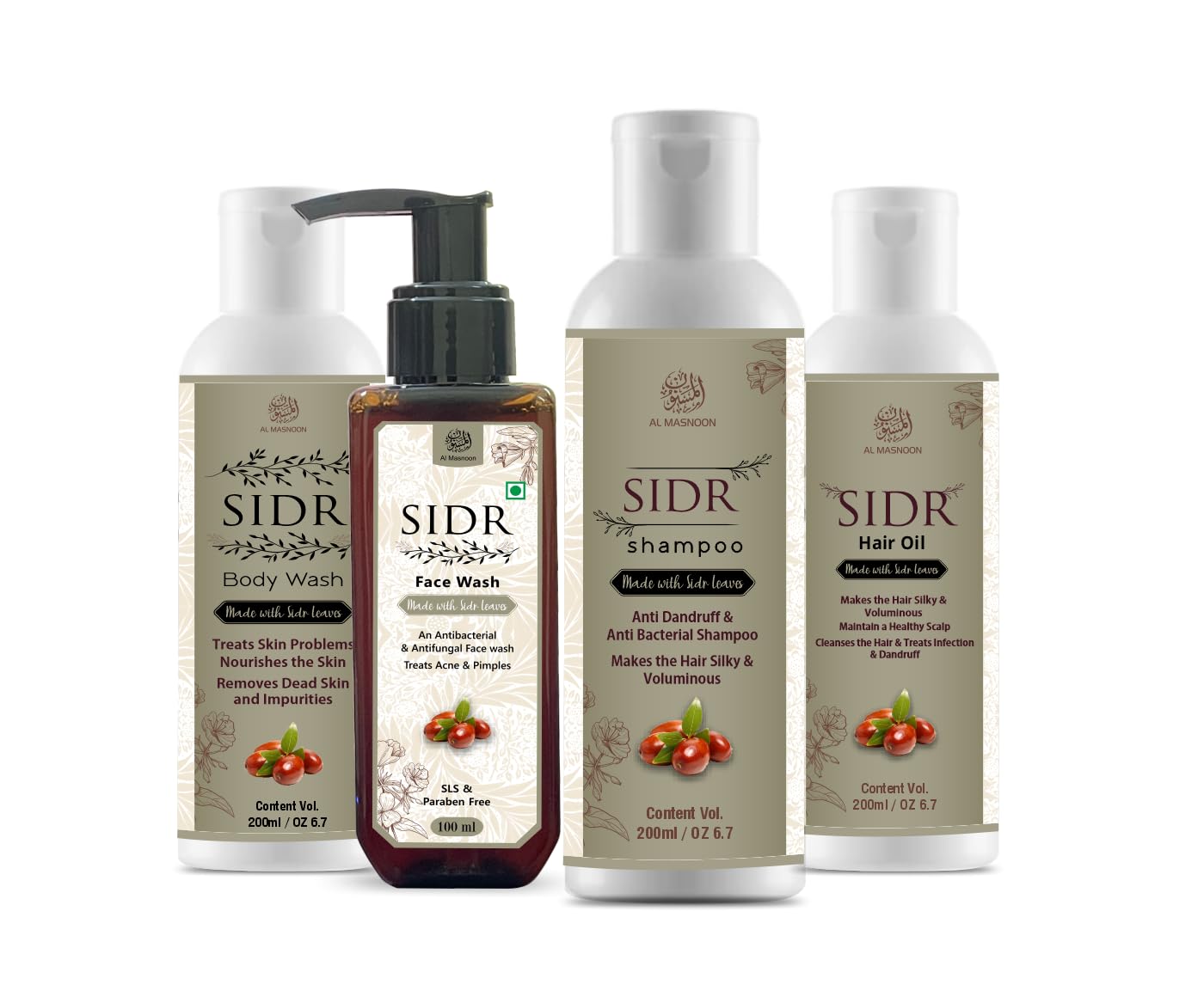 Sidr Body Care Combo (4 items) / Sidr Shampoo 200ml/ Sidr Body Wash 200ml/ Sidr Hair Oil 200ml/ Sidr Face Wash 100ml